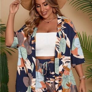 SHEIN VCAY Plus Tropical Print Kimono & Tie Front Shorts